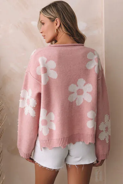 🌸 Flower Pattern Pearl Detail Rolled Slit Sweater 🌸