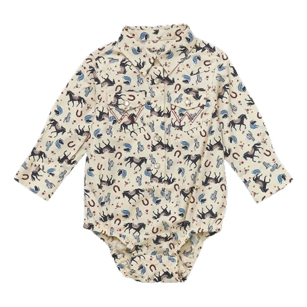 112353050 Wrangler Baby Girl Long Sleeve Snap Bodysuit - Beige Western Print