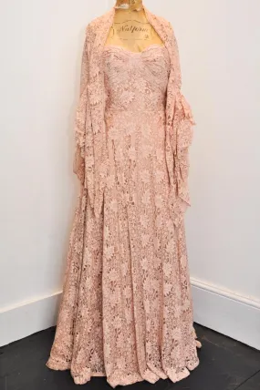 1950s Stunning Dusky Pink Lace Gown with Shawl Wrap