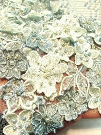 3D Bridal Beaded Luxury Floral Lace Mesh Fabric / Aqua / Sold By The Yard