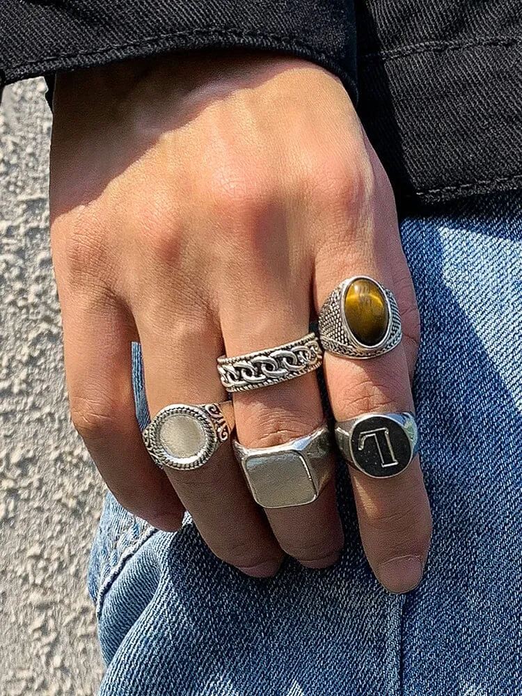 5Pcs Punk Carved Rings Set