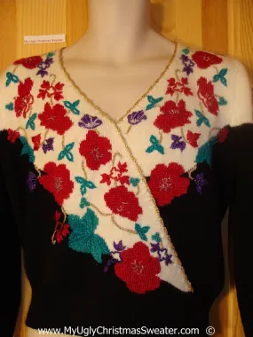 80s Christmas Sweater with Red Flowers