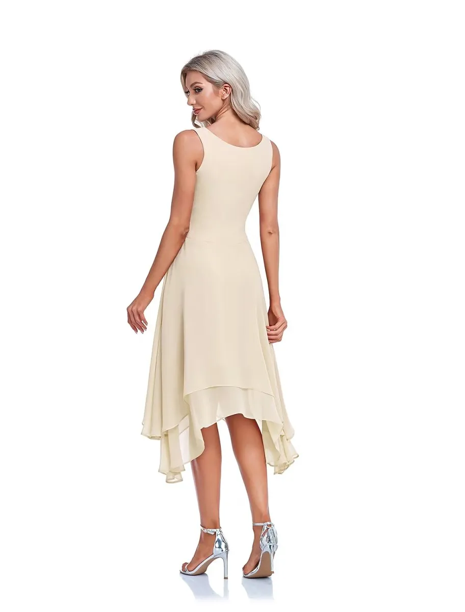 A-Line Mother of the Bride Dress Elegant High Low Wrap Included Jewel Neck Asymmetrical Tea Length Imitated Silk Sleeveless Wrap Included with Beading Ruffles Embroidery