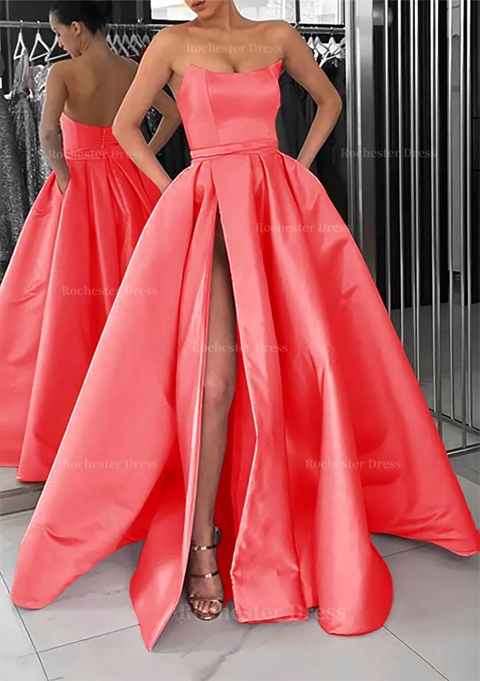 A-line Square Neckline Long/Floor-Length Satin Prom Dress With Pockets Split