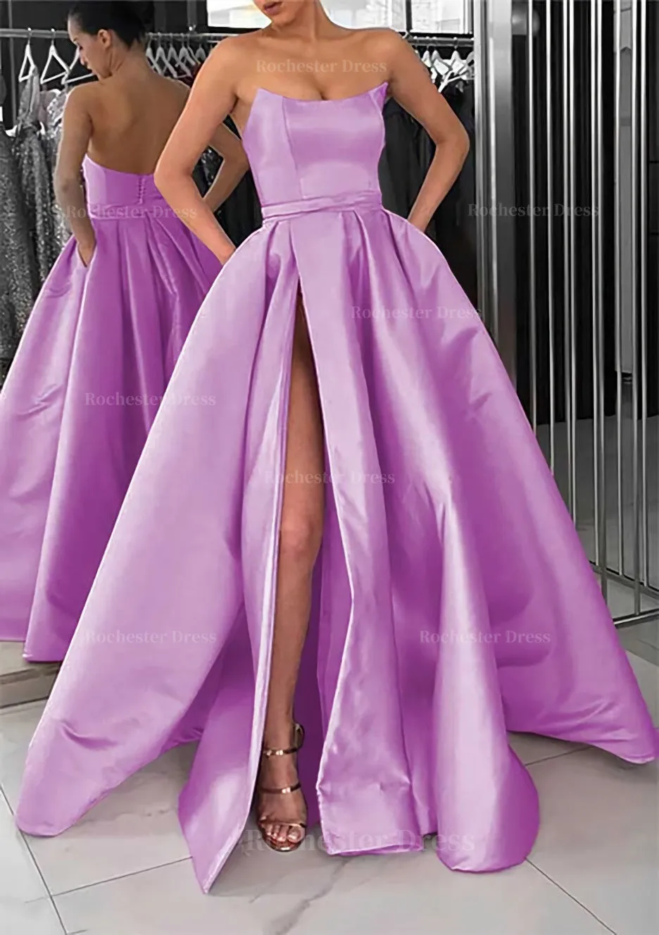 A-line Square Neckline Long/Floor-Length Satin Prom Dress With Pockets Split