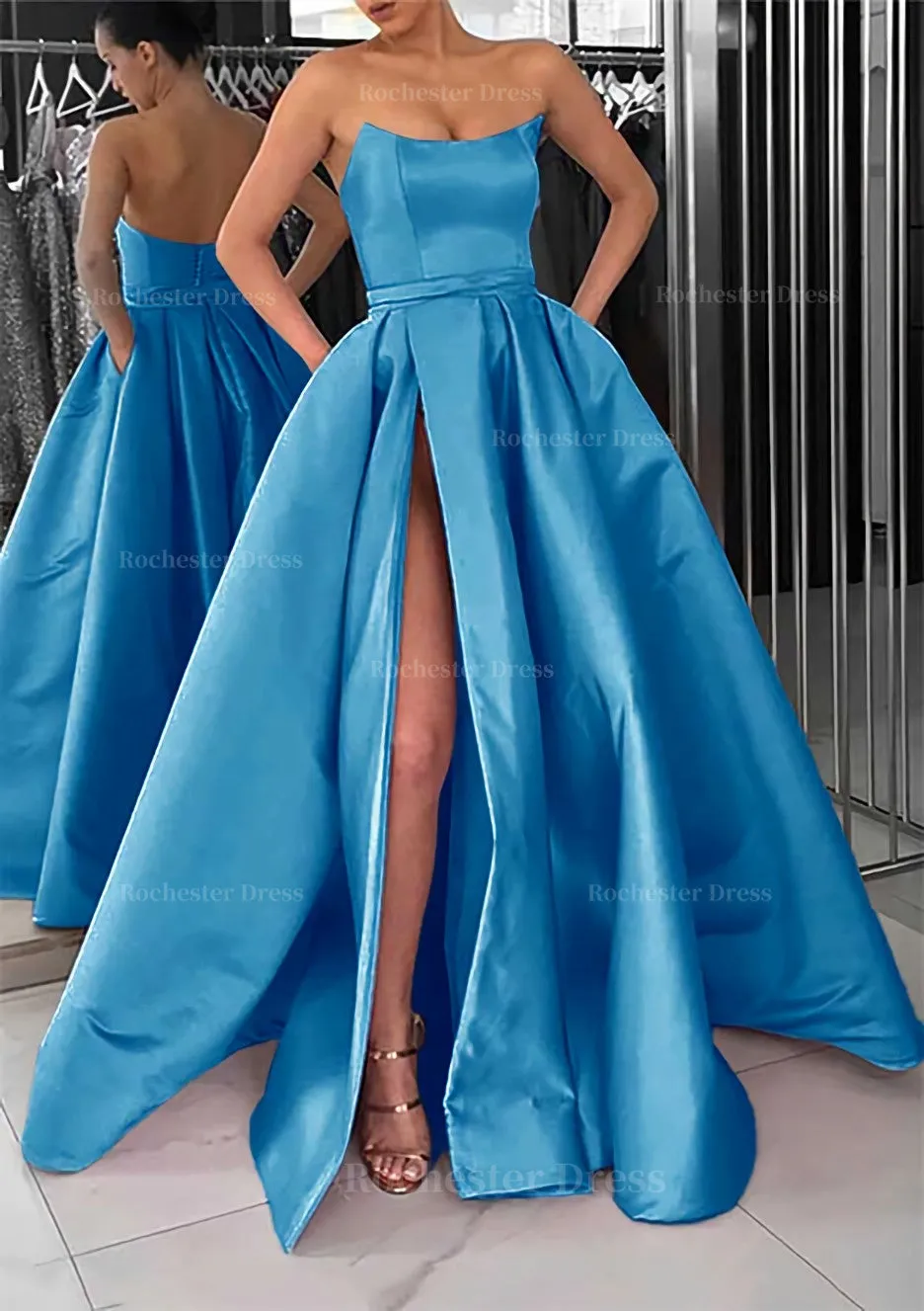 A-line Square Neckline Long/Floor-Length Satin Prom Dress With Pockets Split