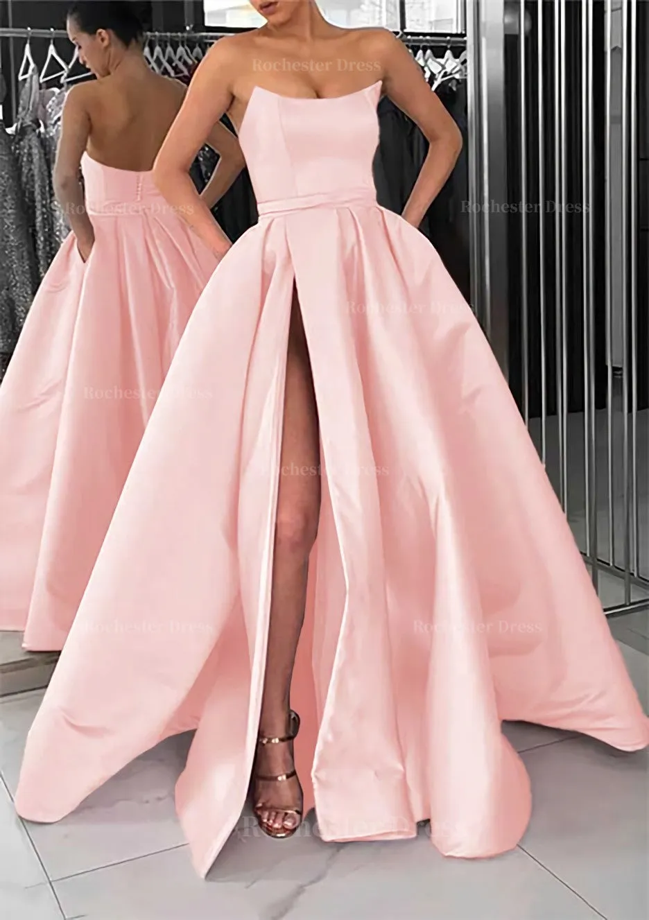 A-line Square Neckline Long/Floor-Length Satin Prom Dress With Pockets Split