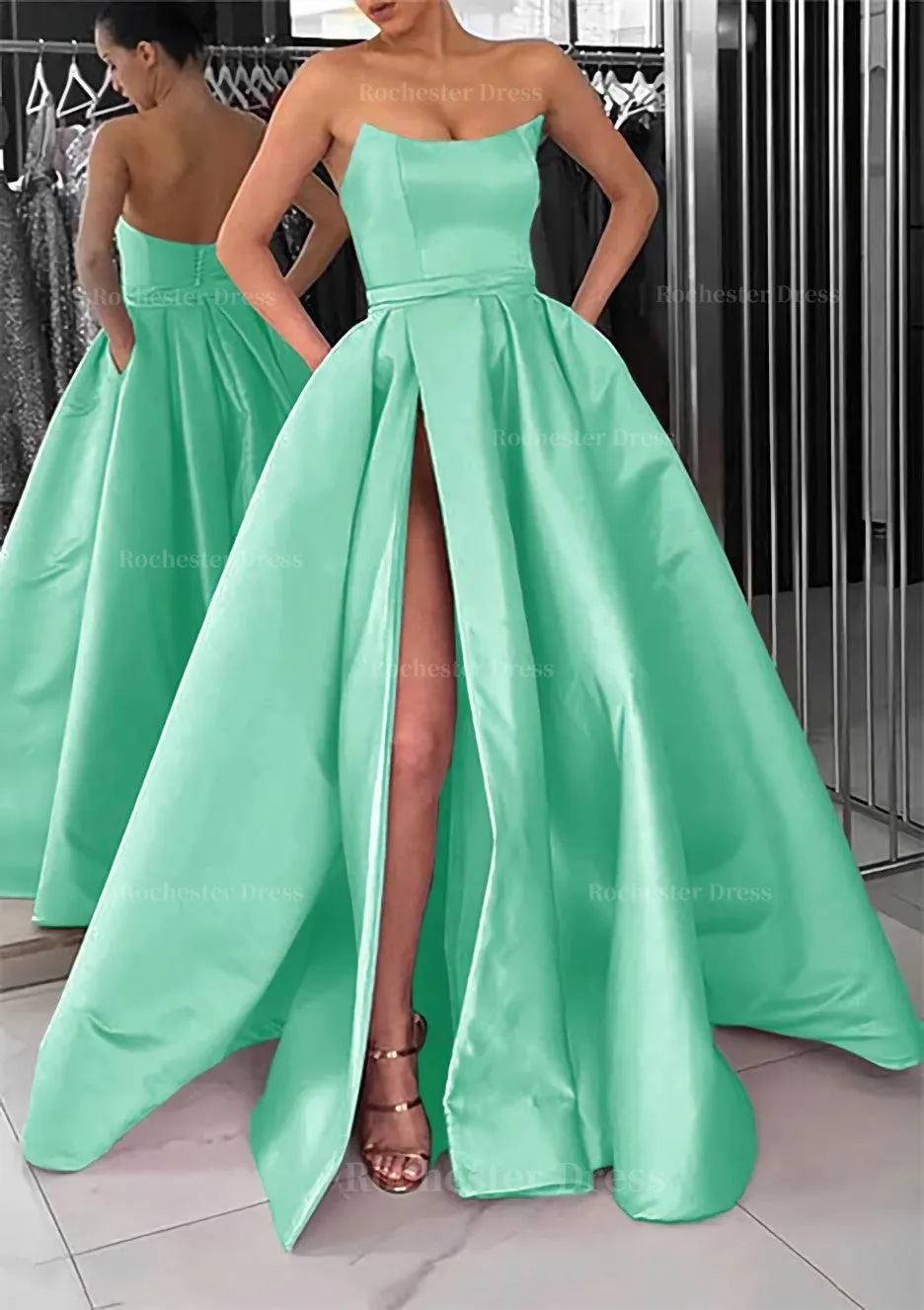 A-line Square Neckline Long/Floor-Length Satin Prom Dress With Pockets Split