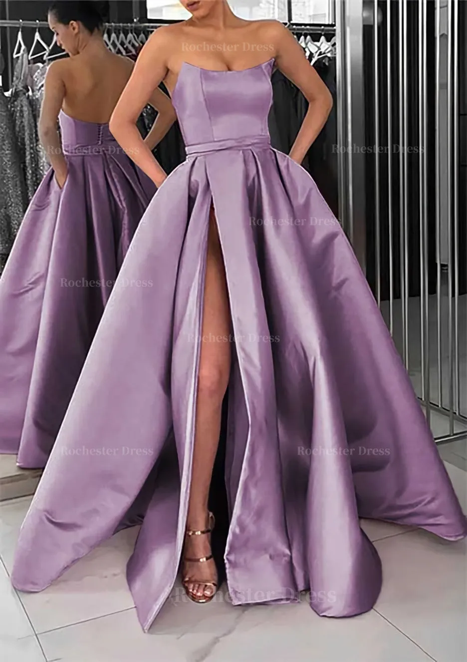 A-line Square Neckline Long/Floor-Length Satin Prom Dress With Pockets Split