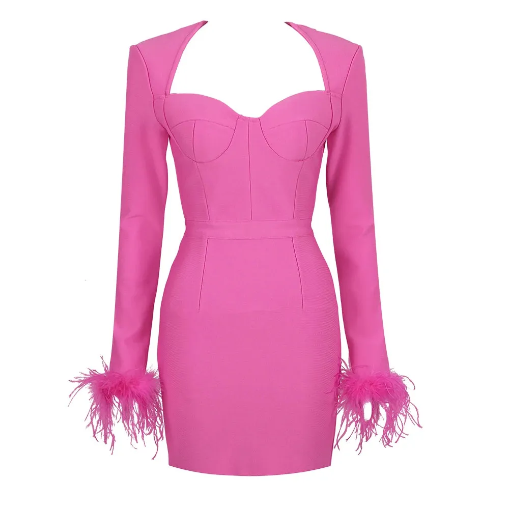 A&A Luxe Long Sleeve Feathers Mini Bodycon Bandage Dress