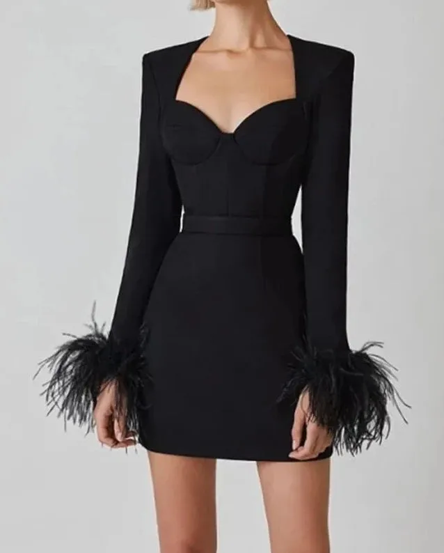 A&A Luxe Long Sleeve Feathers Mini Bodycon Bandage Dress