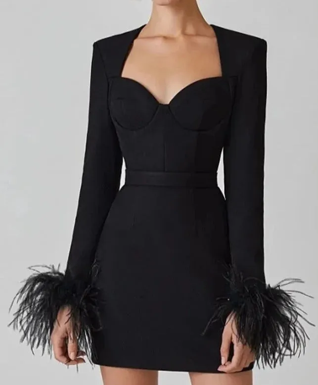 A&A Luxe Long Sleeve Feathers Mini Bodycon Bandage Dress