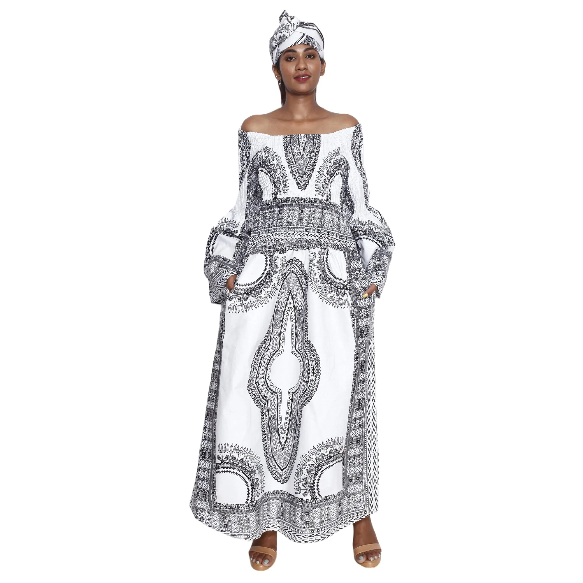 African Women's Dashiki Long Sleeve Maxi Dress with Smocking -- FI-5007FS