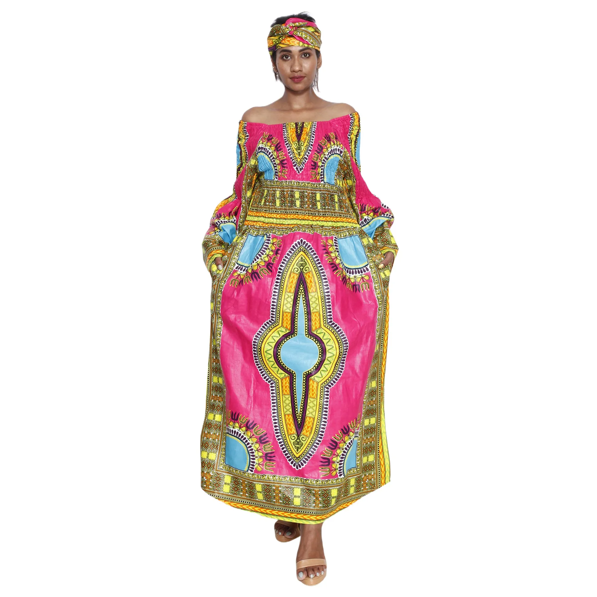 African Women's Dashiki Long Sleeve Maxi Dress with Smocking -- FI-5007FS