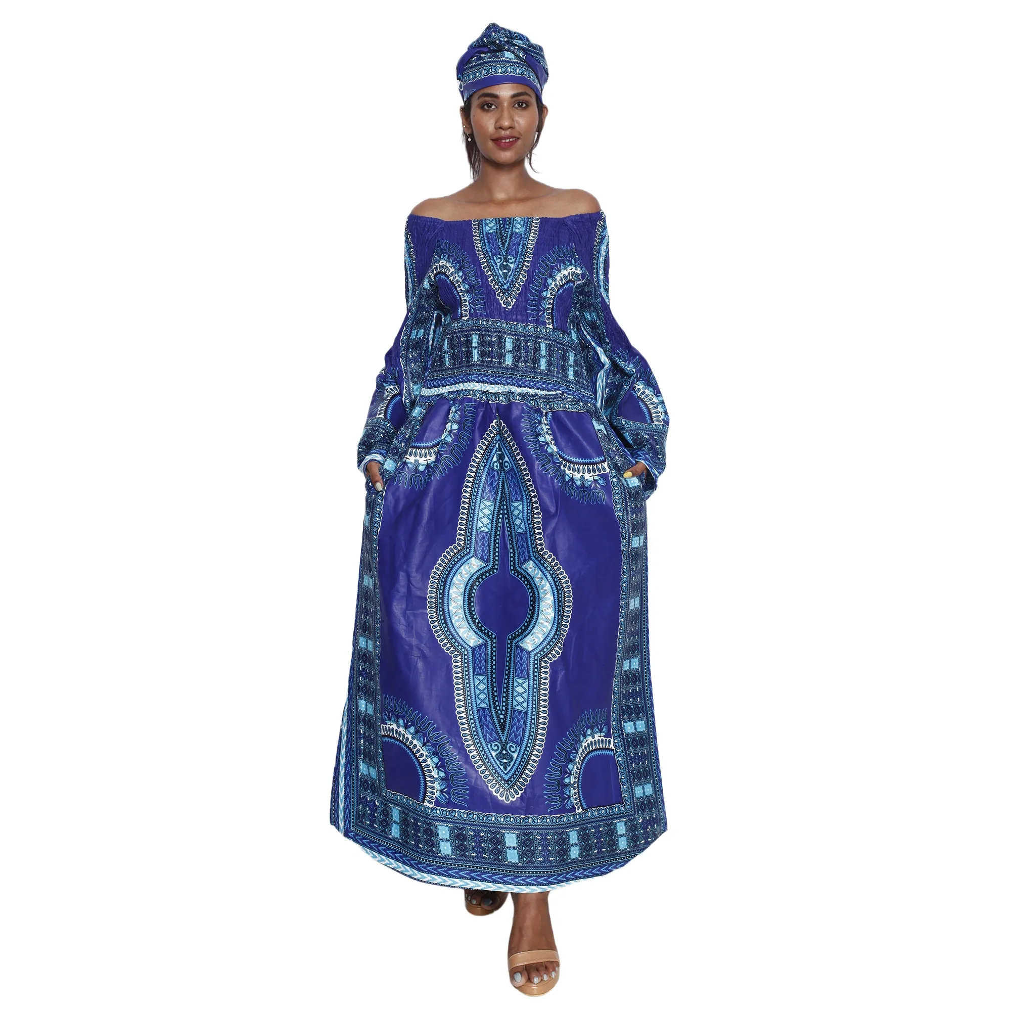 African Women's Dashiki Long Sleeve Maxi Dress with Smocking -- FI-5007FS