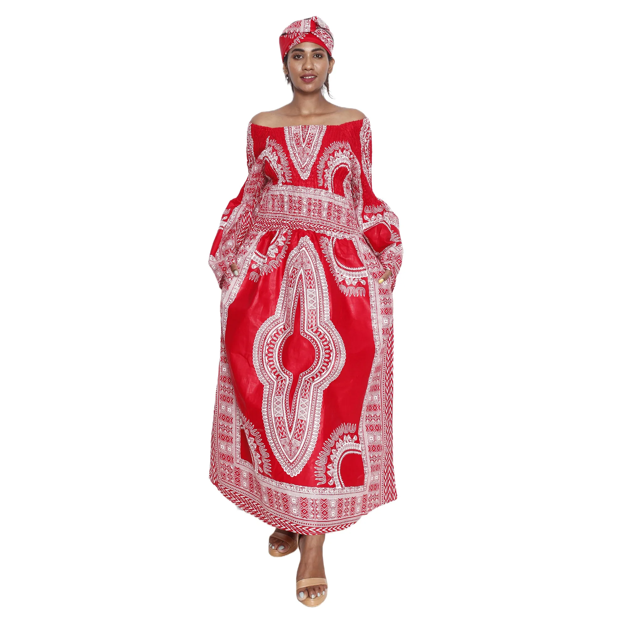 African Women's Dashiki Long Sleeve Maxi Dress with Smocking -- FI-5007FS