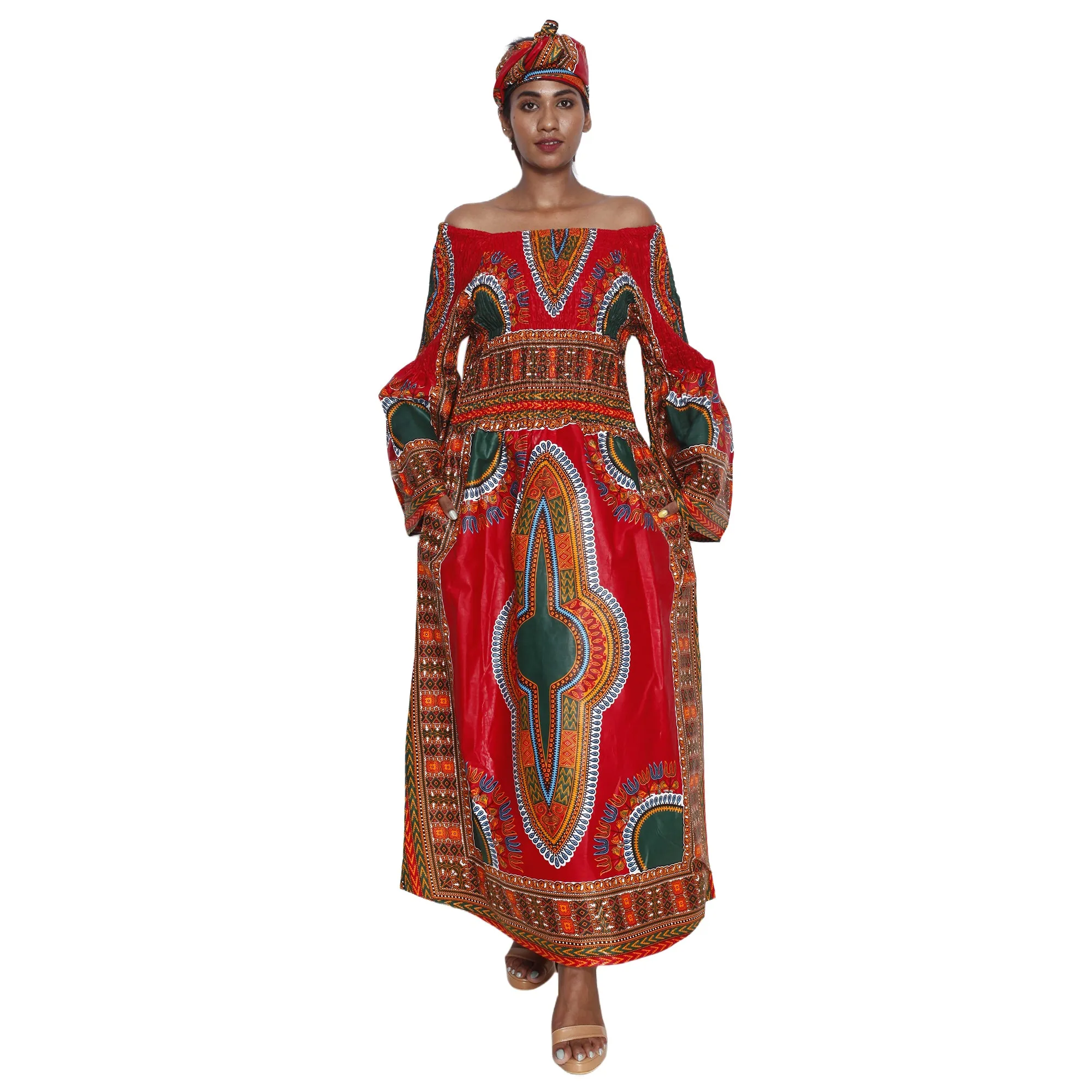 African Women's Dashiki Long Sleeve Maxi Dress with Smocking -- FI-5007FS