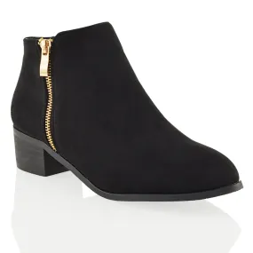 Alberto Zip Up Ankle Boots With Low Block Heel in Black Faux Suede