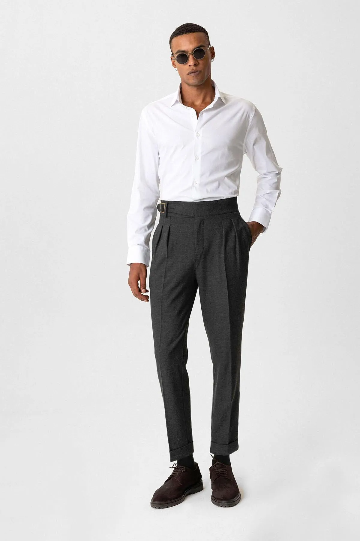 Anthracite Pleated Men's Trousers with Buckle Detail - Wessi