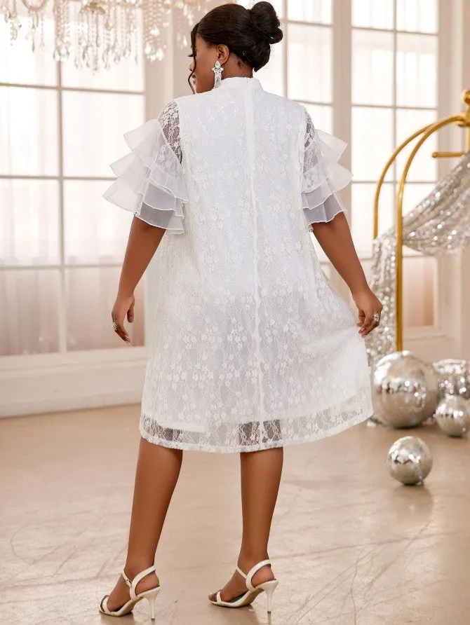 AOMEIDRESS White Looes Lace Dress Stand Collar Half Sleeves Ruffles