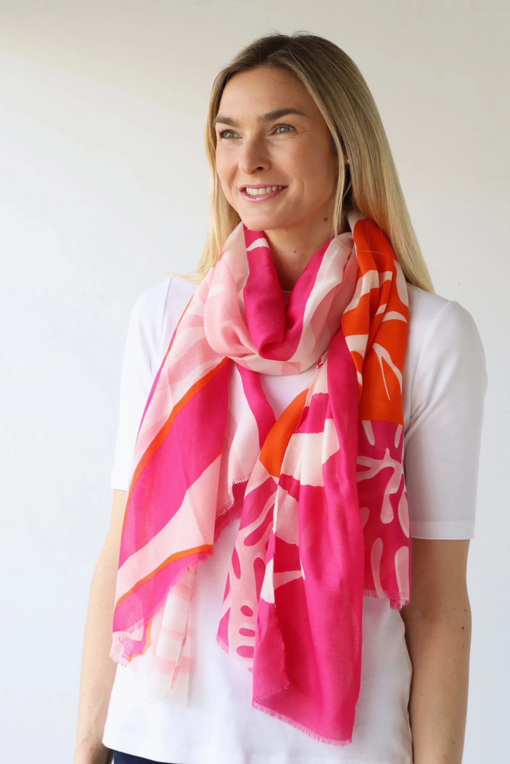 Archer House Scarf - Large Leaf Print Hot Pink