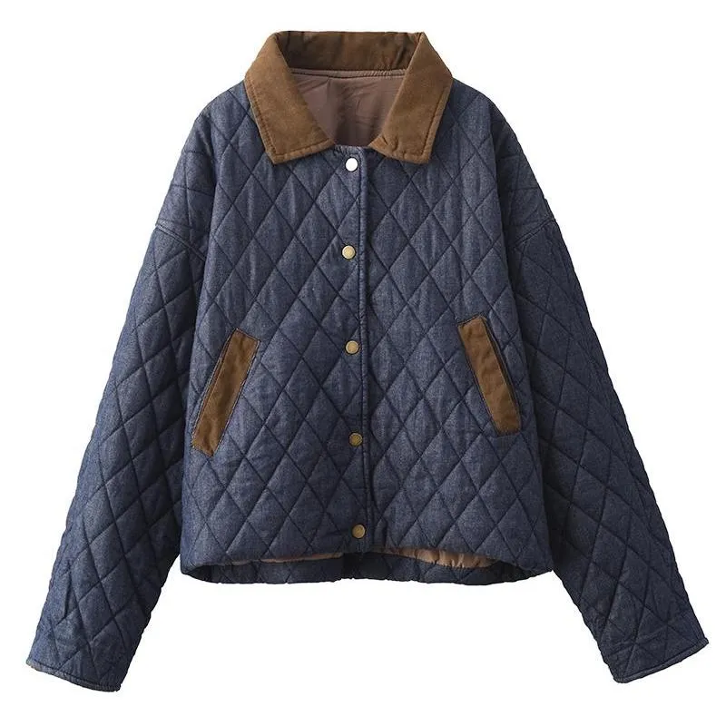 Babakud Women Winter Retro Diamond Denim Cotton- Padded Jacket