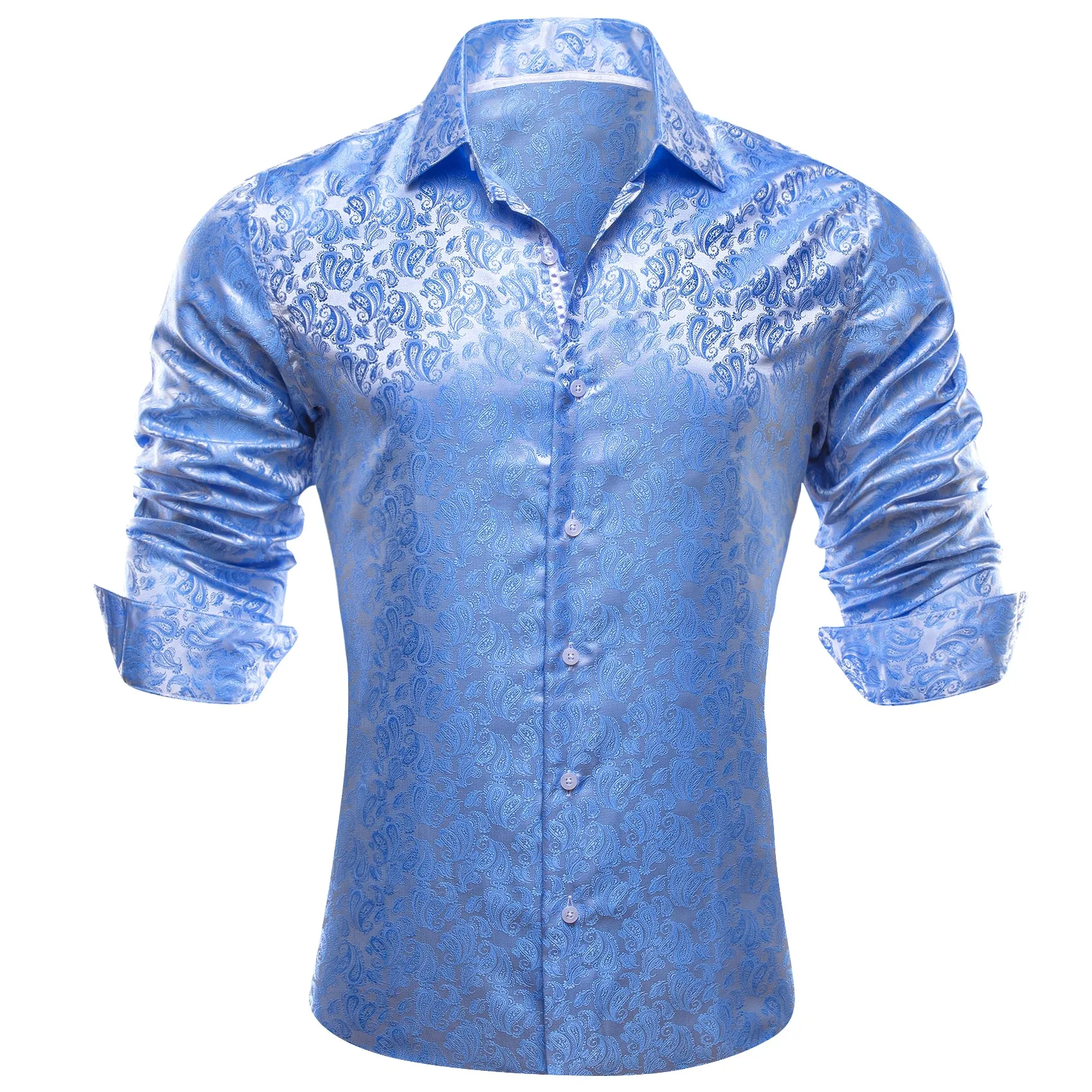 Baby Blue Paisley Style Silk Men's Long Sleeve Shirt