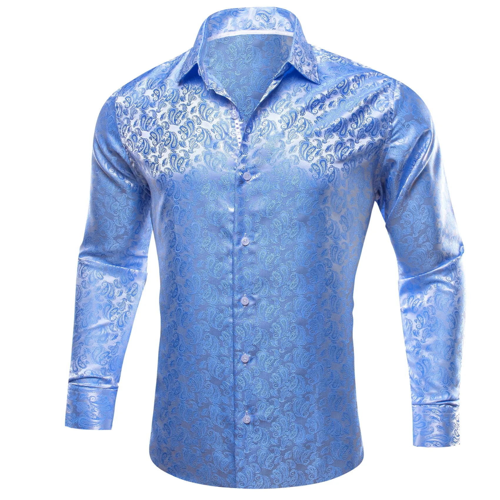 Baby Blue Paisley Style Silk Men's Long Sleeve Shirt