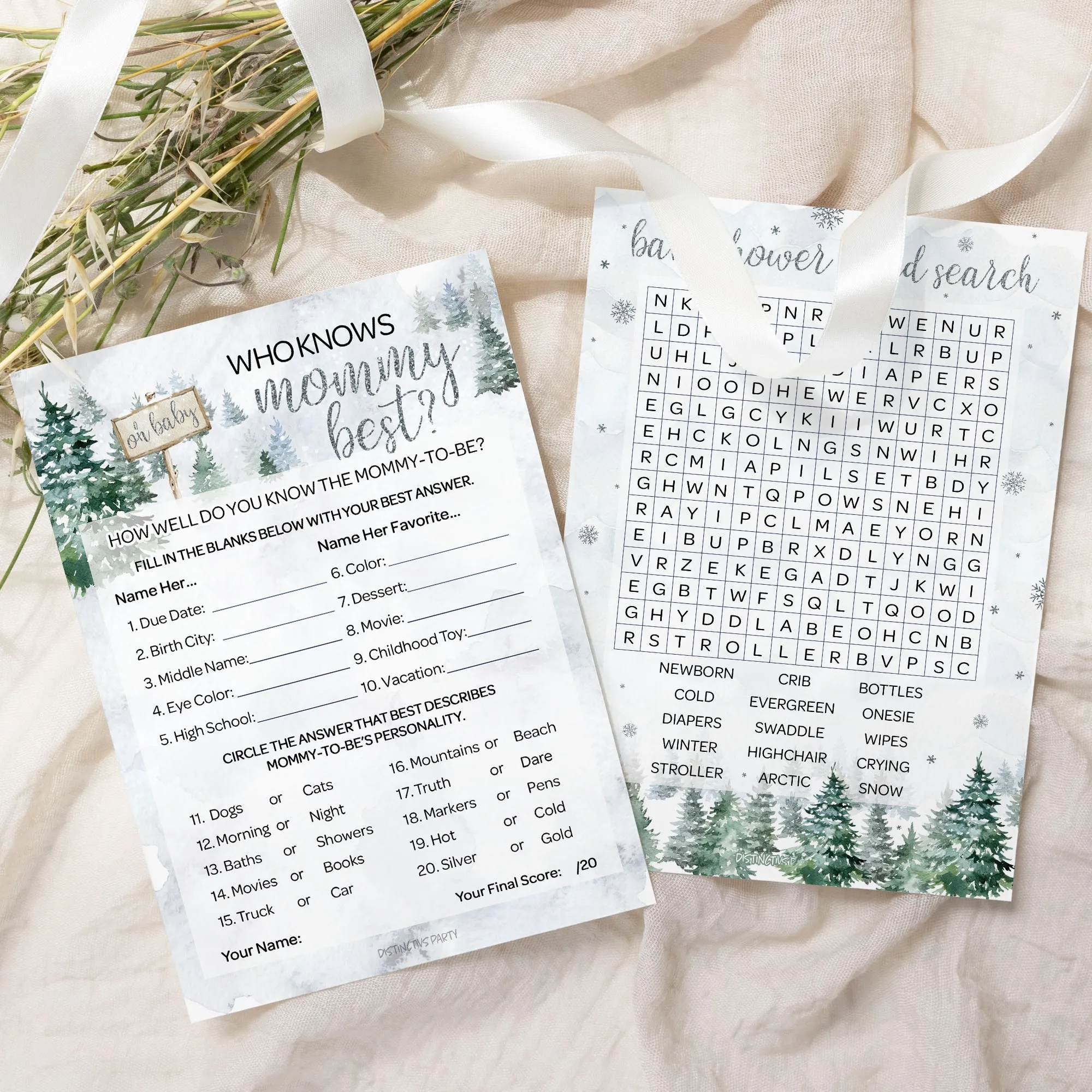 Baby It's Cold Outside Evergreen: Winter Baby Shower Game  - Word Search and Who Knows Mommy Best - Two Game Bundle - 20 Dual Sided Cards