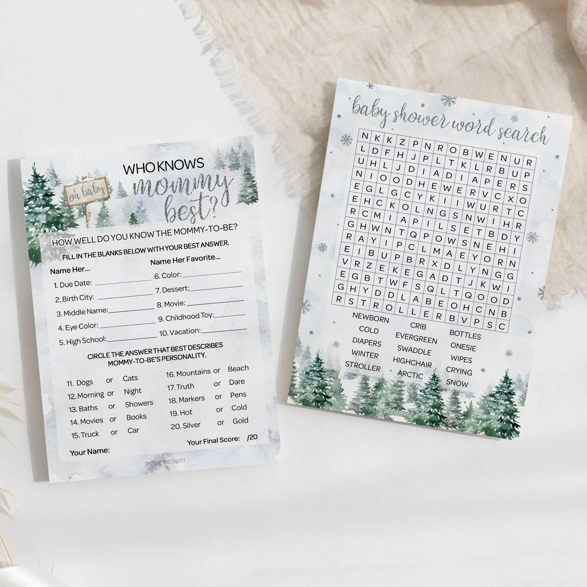 Baby It's Cold Outside Evergreen: Winter Baby Shower Game  - Word Search and Who Knows Mommy Best - Two Game Bundle - 20 Dual Sided Cards