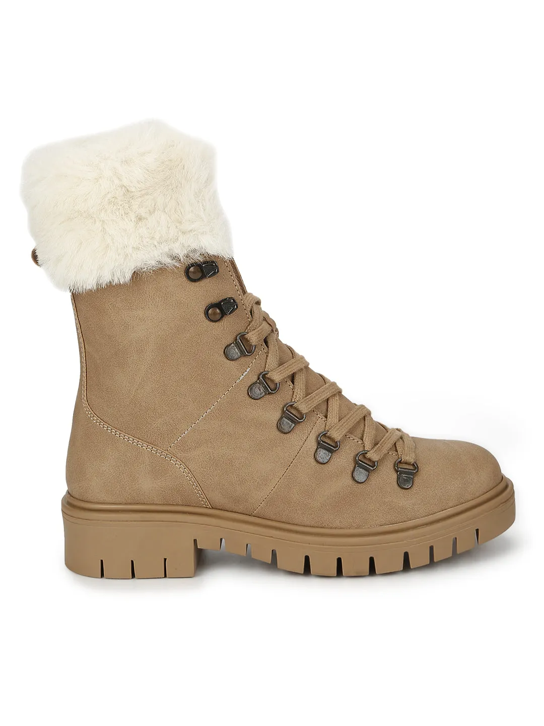 Beige Nubuck Lace Up Faux Fur Ankle Boots