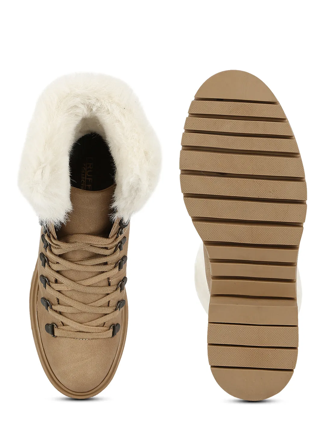 Beige Nubuck Lace Up Faux Fur Ankle Boots