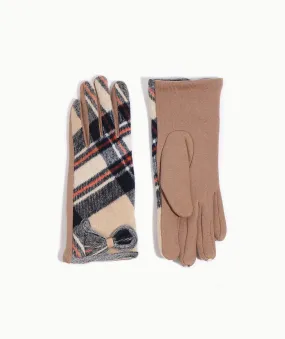 Beige Tartan Faux Suede Glove with Button Detail