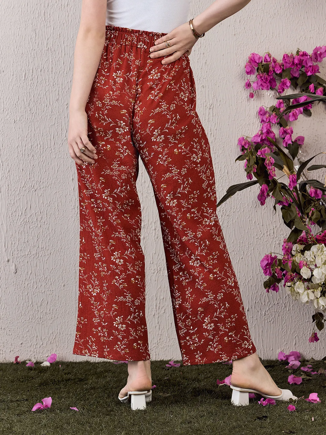 Berrylush Women Red & White Floral Printed High-Rise Elastic Waist Slip-On Pleated Regular Parallel Trousers