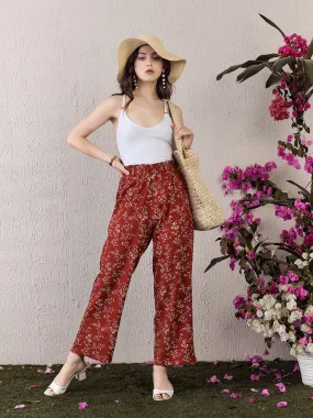 Berrylush Women Red & White Floral Printed High-Rise Elastic Waist Slip-On Pleated Regular Parallel Trousers