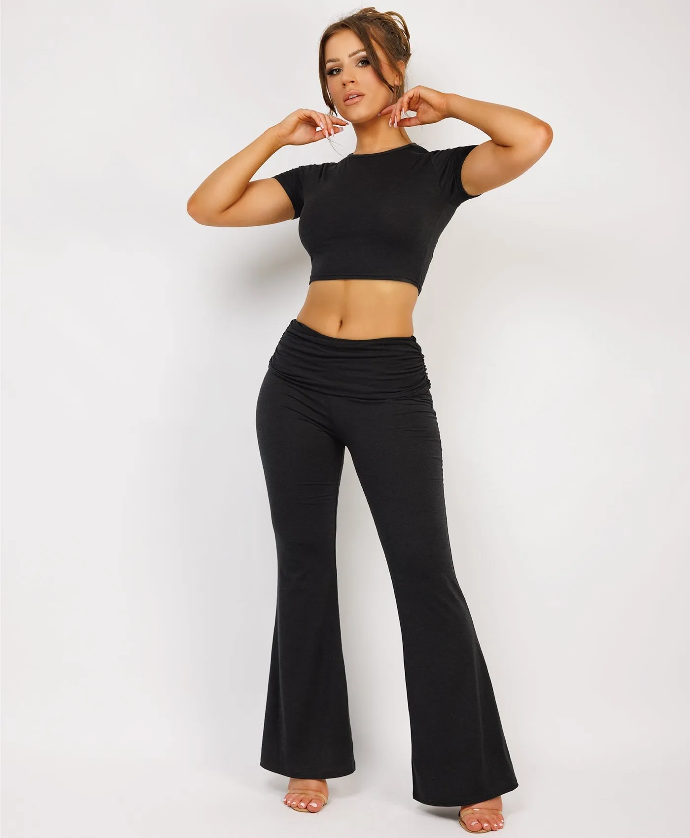 Black Crop Top And Fold Over Flared Trousers Loungewear Set