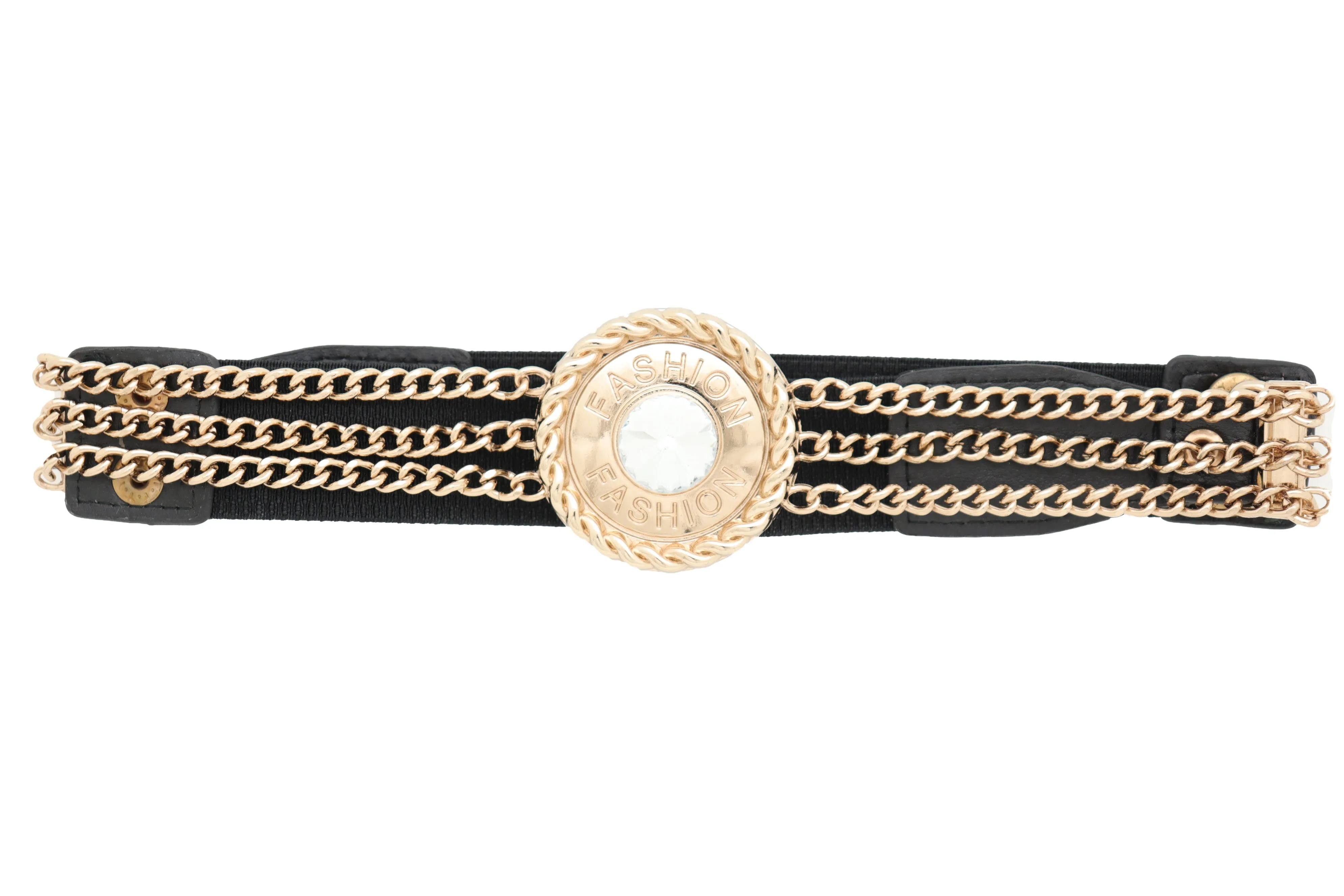 Black Elastic Waistband Belt Gold Metal Chain Fashion Bling Charm Size S M