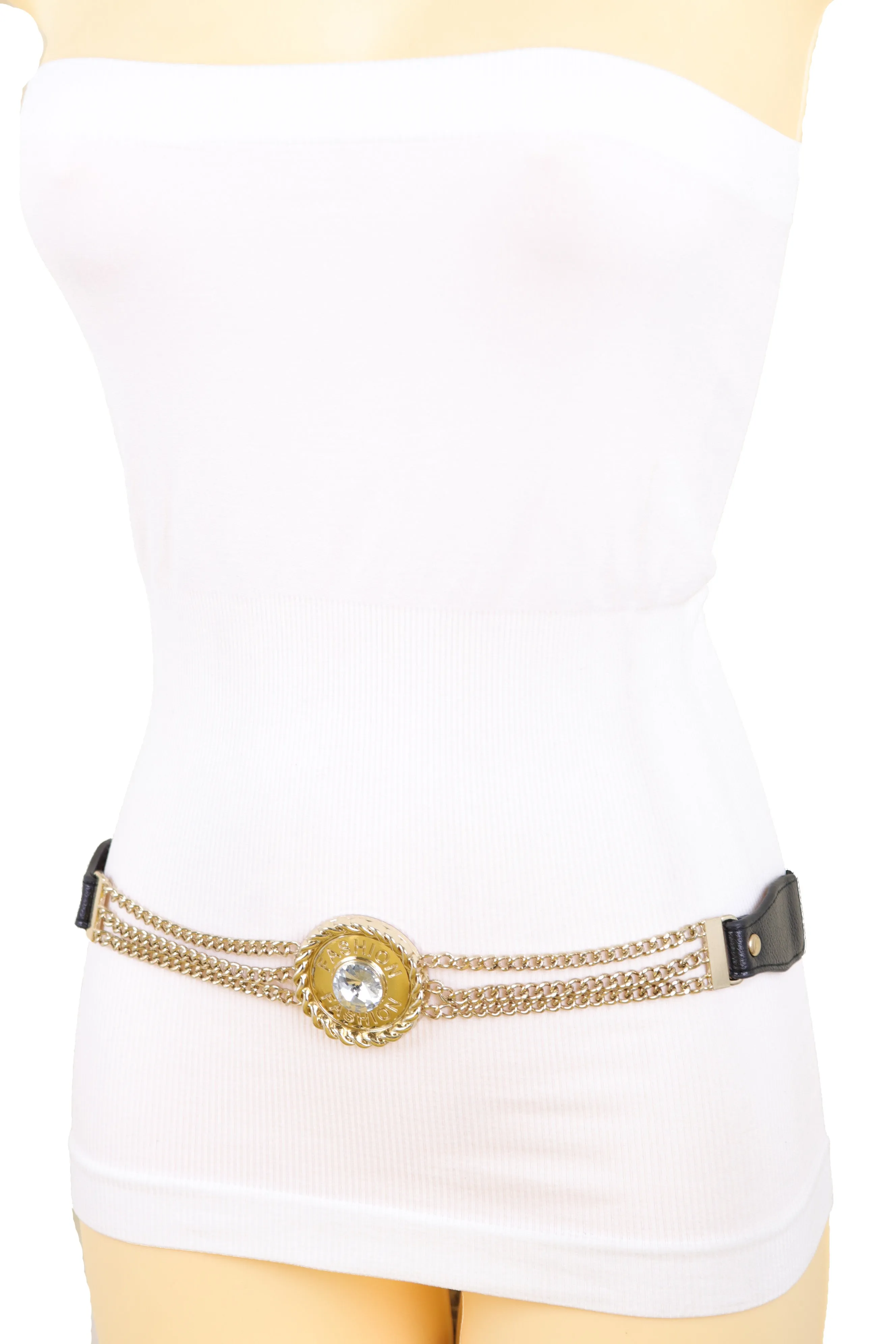 Black Elastic Waistband Belt Gold Metal Chain Fashion Bling Charm Size S M