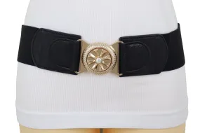 Black Elastic Waistband Fashion Belt Gold Metal Flower Buckle Size S M