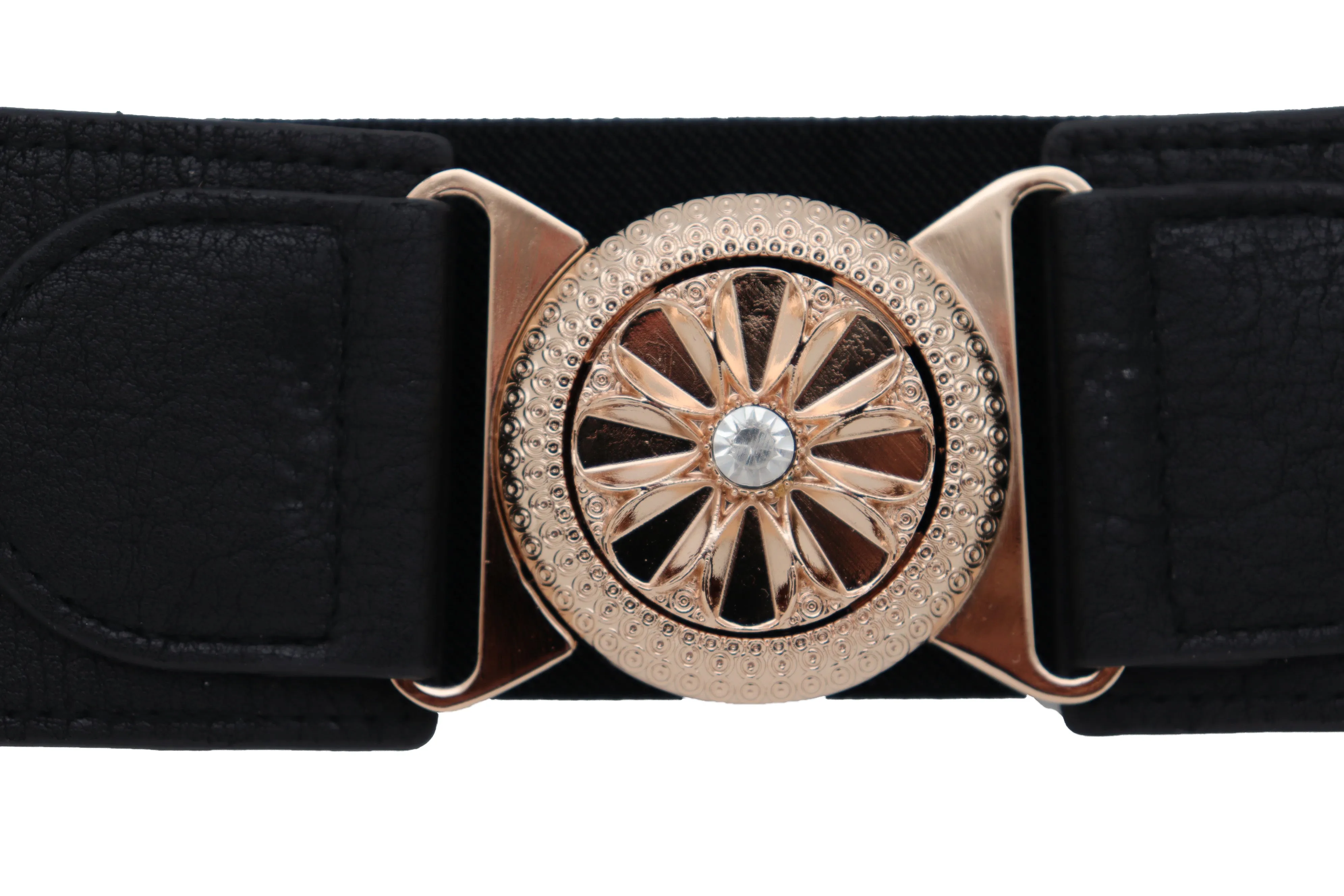 Black Elastic Waistband Fashion Belt Gold Metal Flower Buckle Size S M