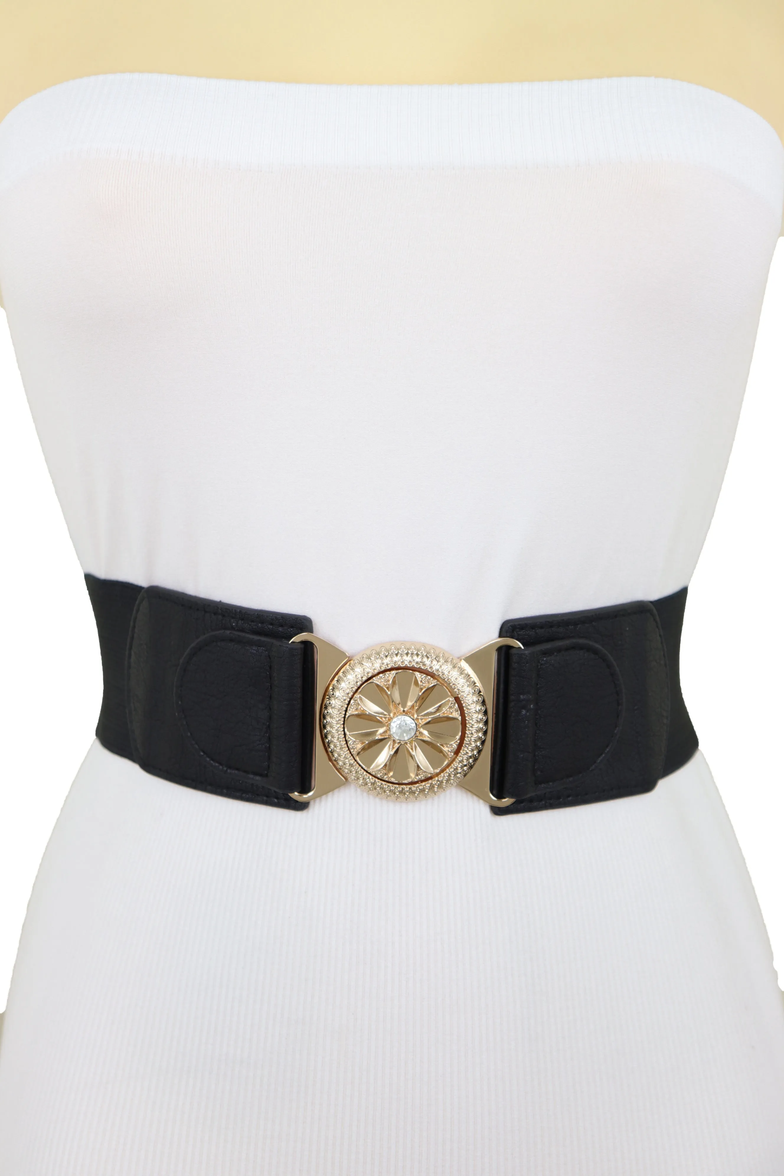 Black Elastic Waistband Fashion Belt Gold Metal Flower Buckle Size S M