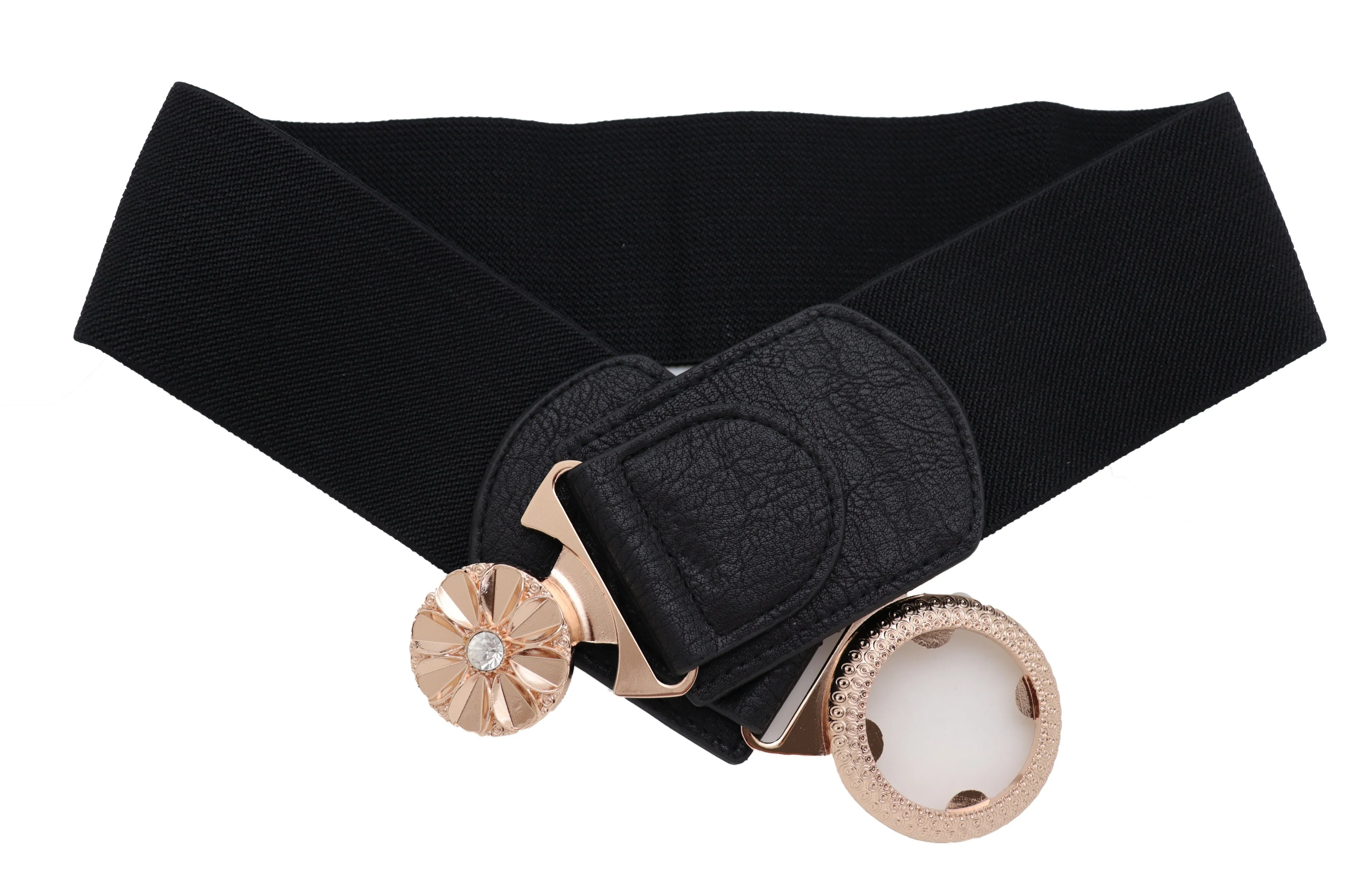 Black Elastic Waistband Fashion Belt Gold Metal Flower Buckle Size S M