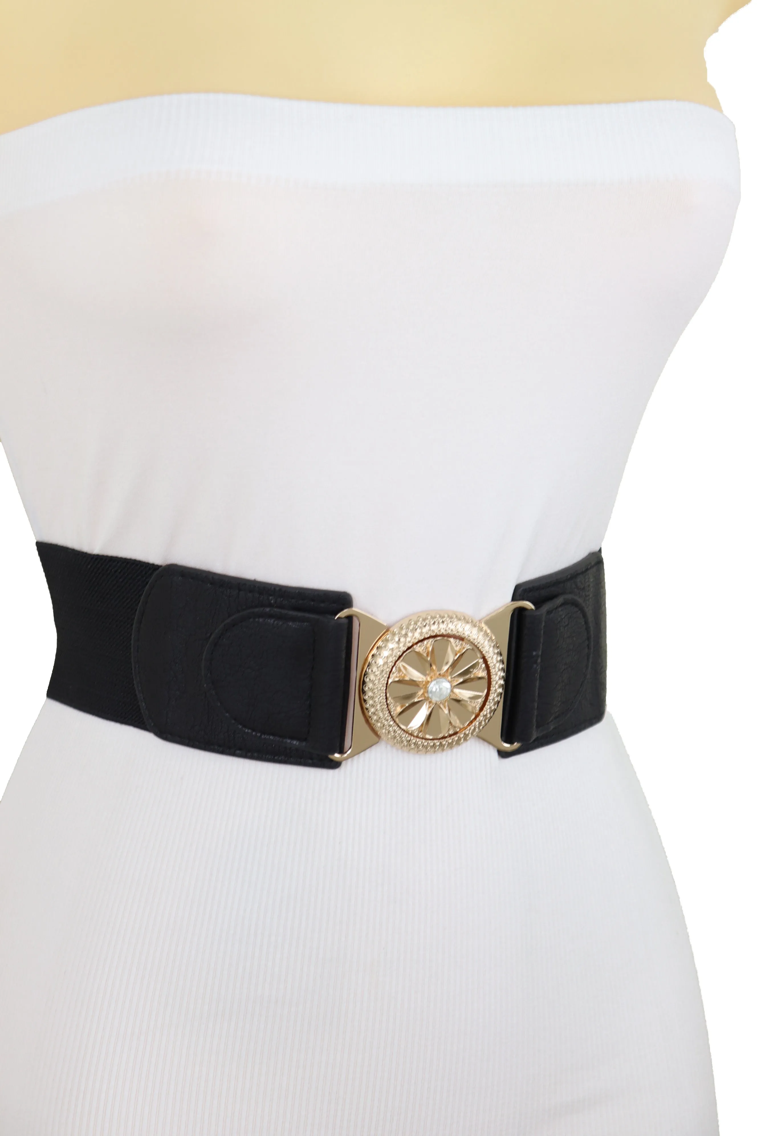 Black Elastic Waistband Fashion Belt Gold Metal Flower Buckle Size S M