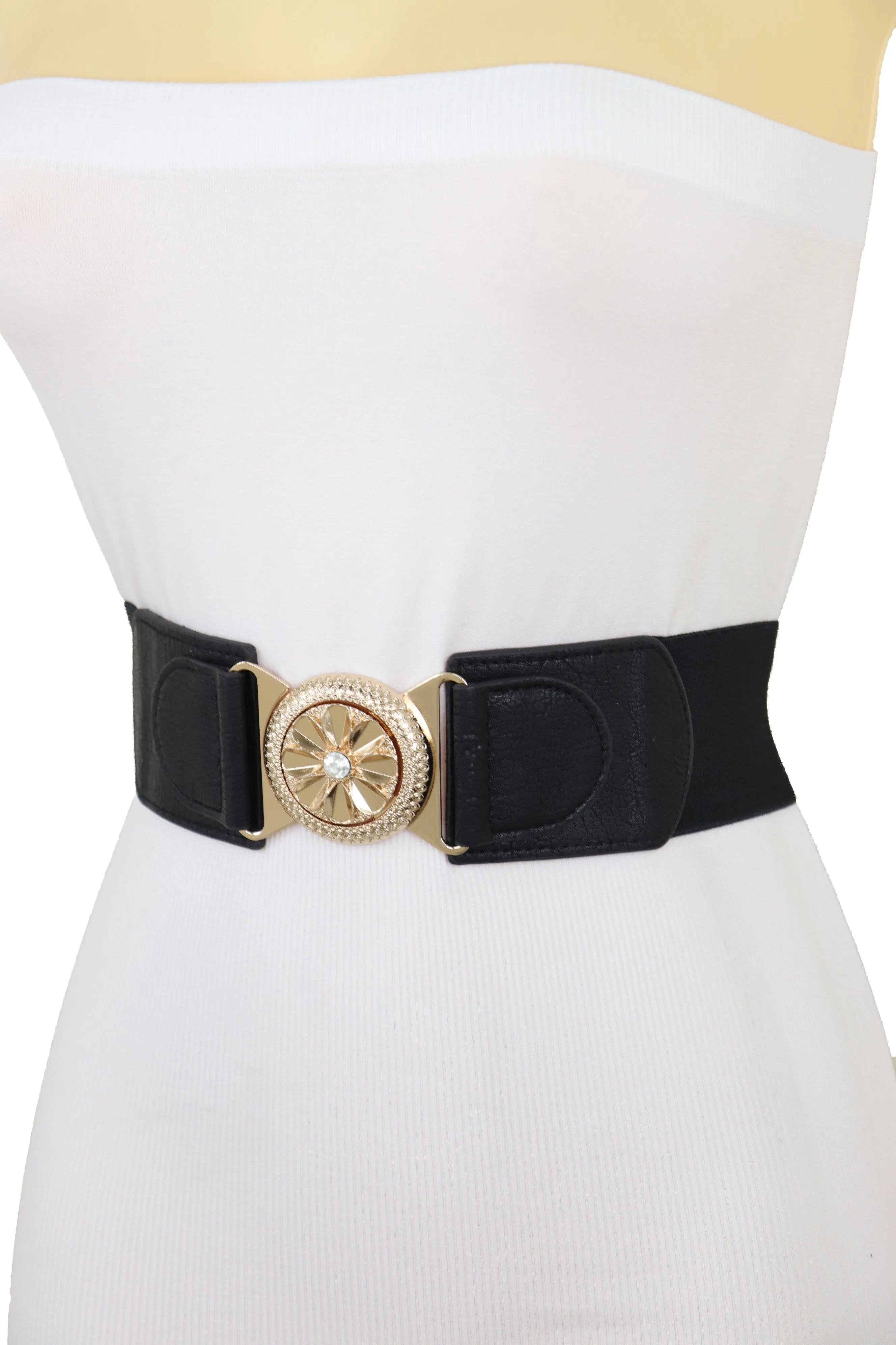 Black Elastic Waistband Fashion Belt Gold Metal Flower Buckle Size S M