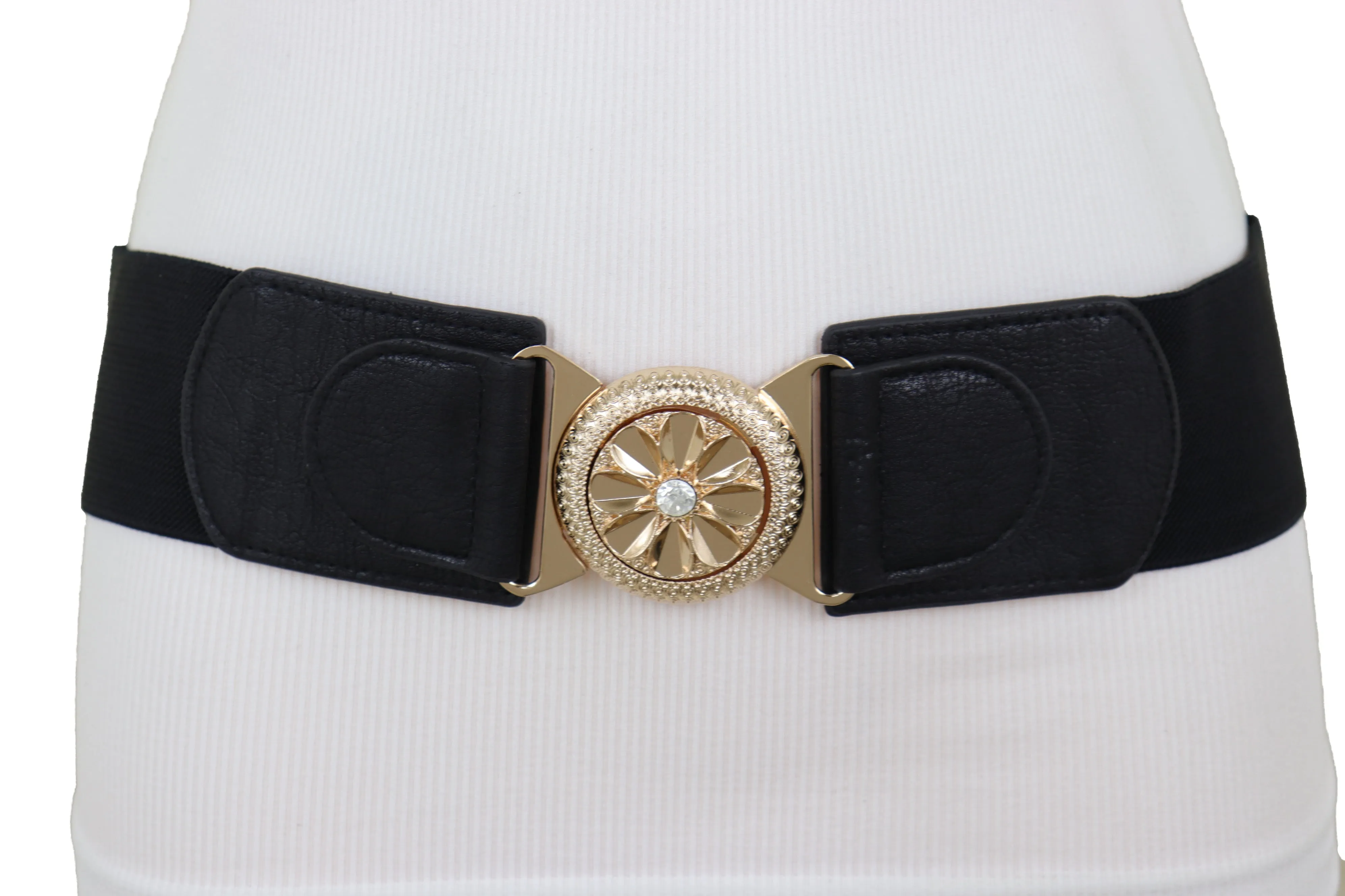 Black Elastic Waistband Fashion Belt Gold Metal Flower Buckle Size S M