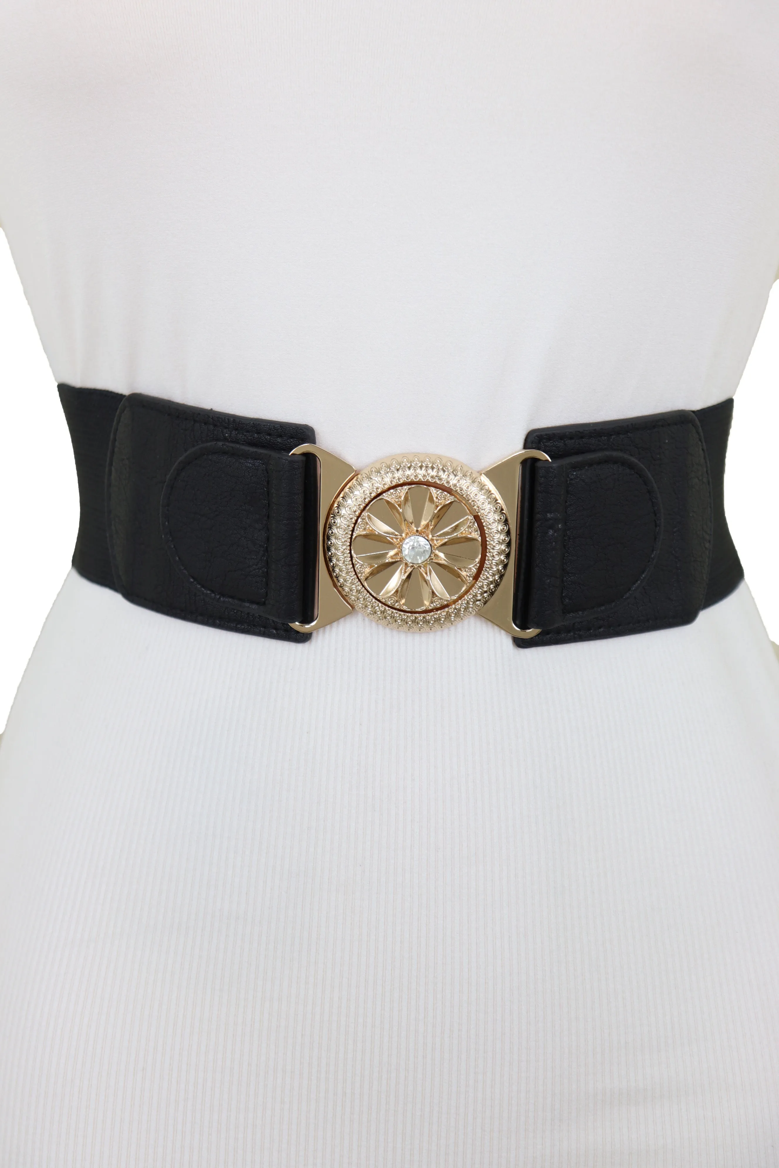 Black Elastic Waistband Fashion Belt Gold Metal Flower Buckle Size S M