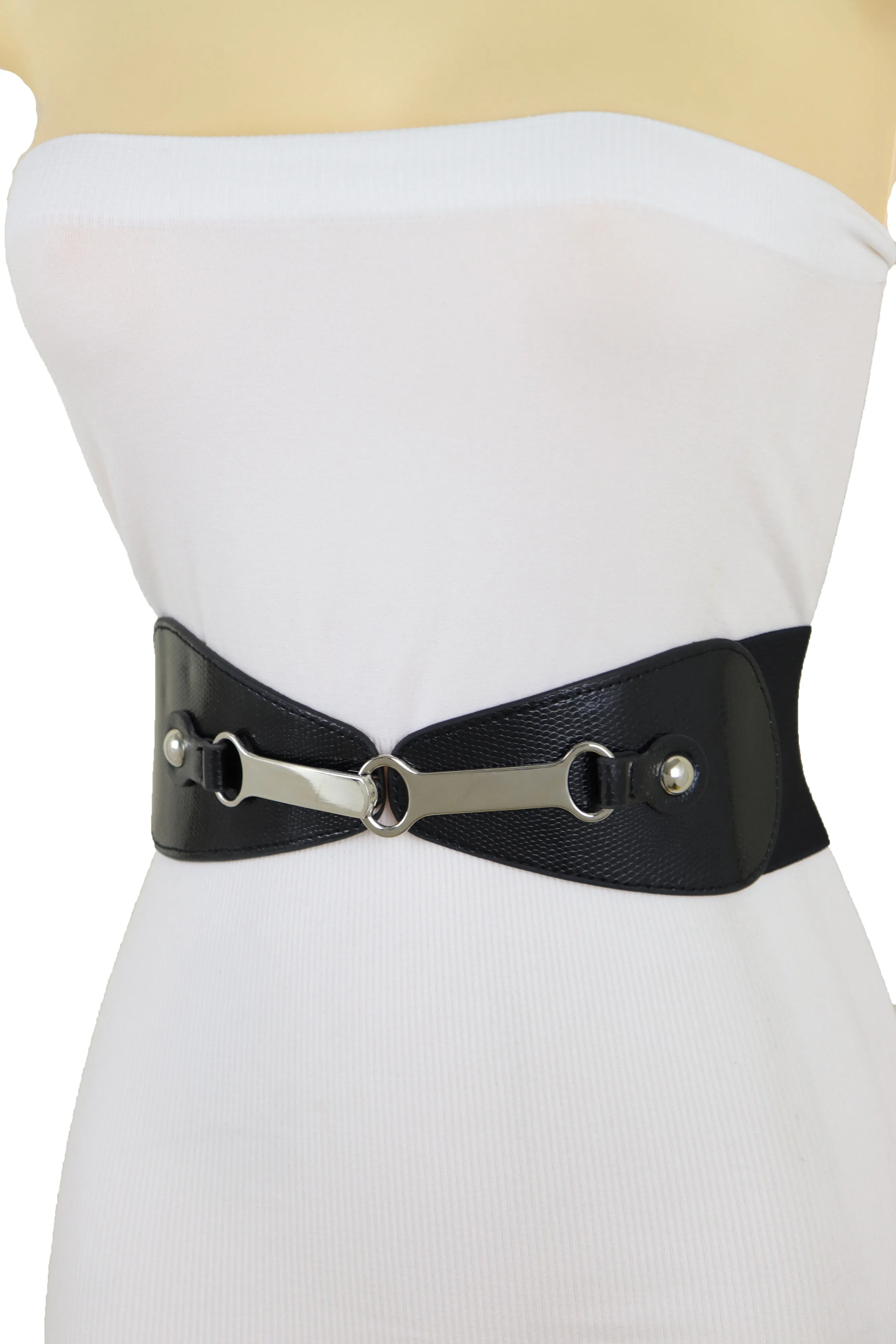 Black Faux Leather Elastic Fashion Belt Silver Metal Long Buckle Fit Size S M