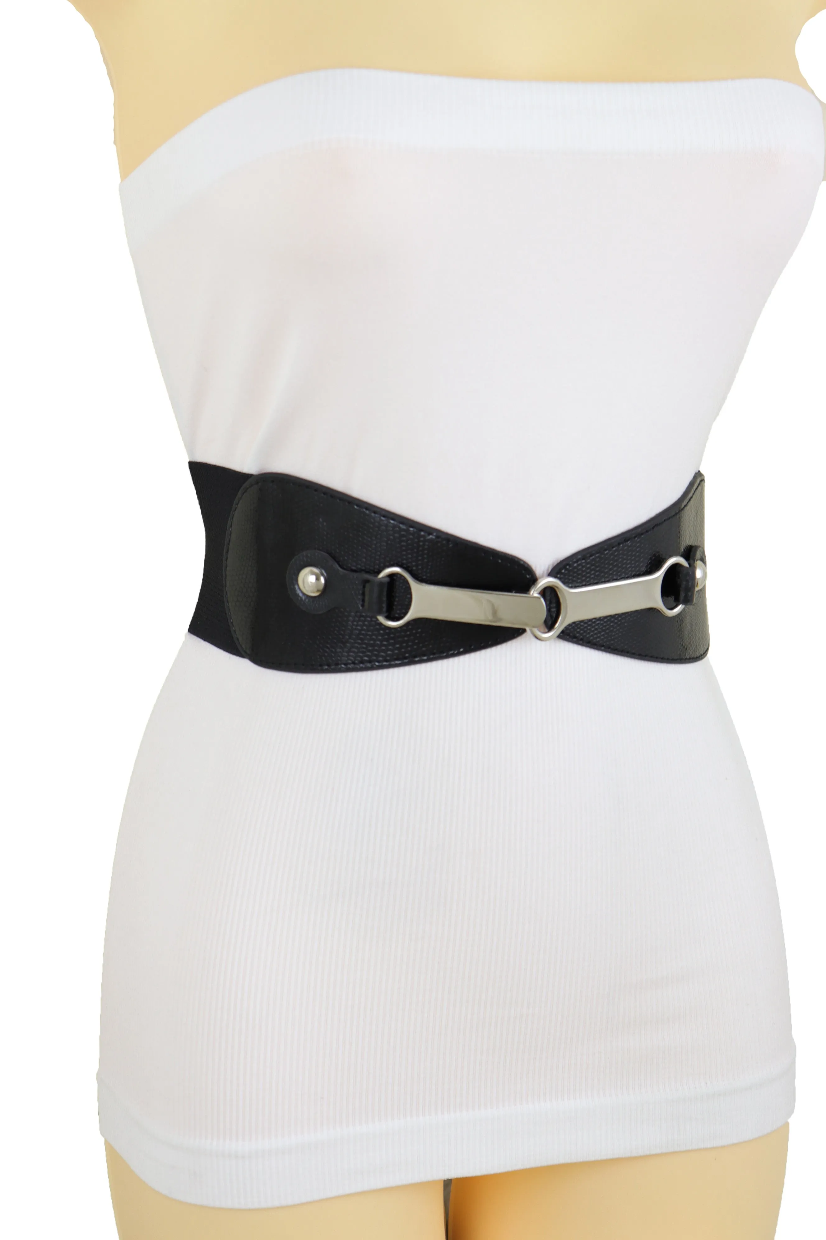 Black Faux Leather Elastic Fashion Belt Silver Metal Long Buckle Fit Size S M