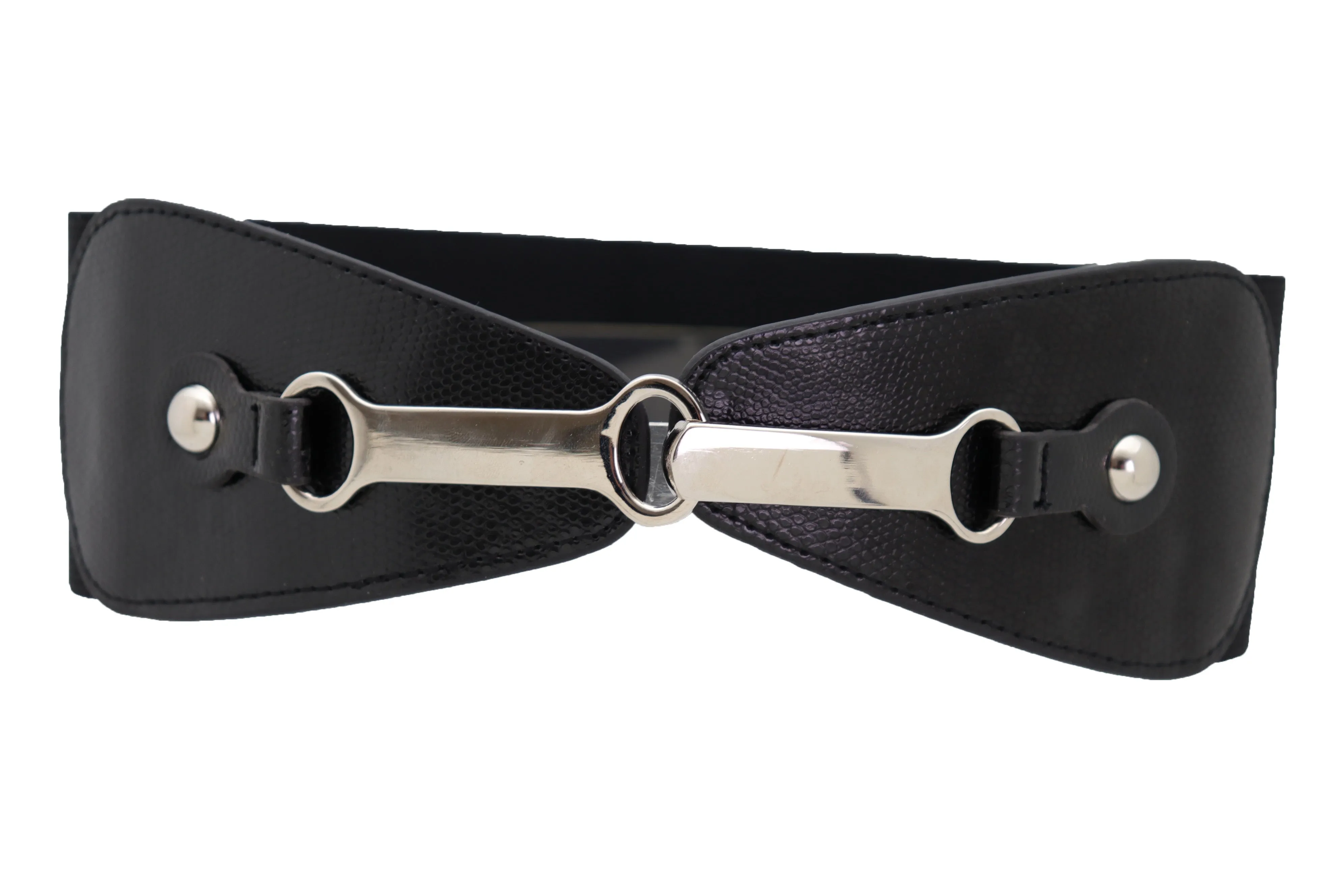 Black Faux Leather Elastic Fashion Belt Silver Metal Long Buckle Fit Size S M