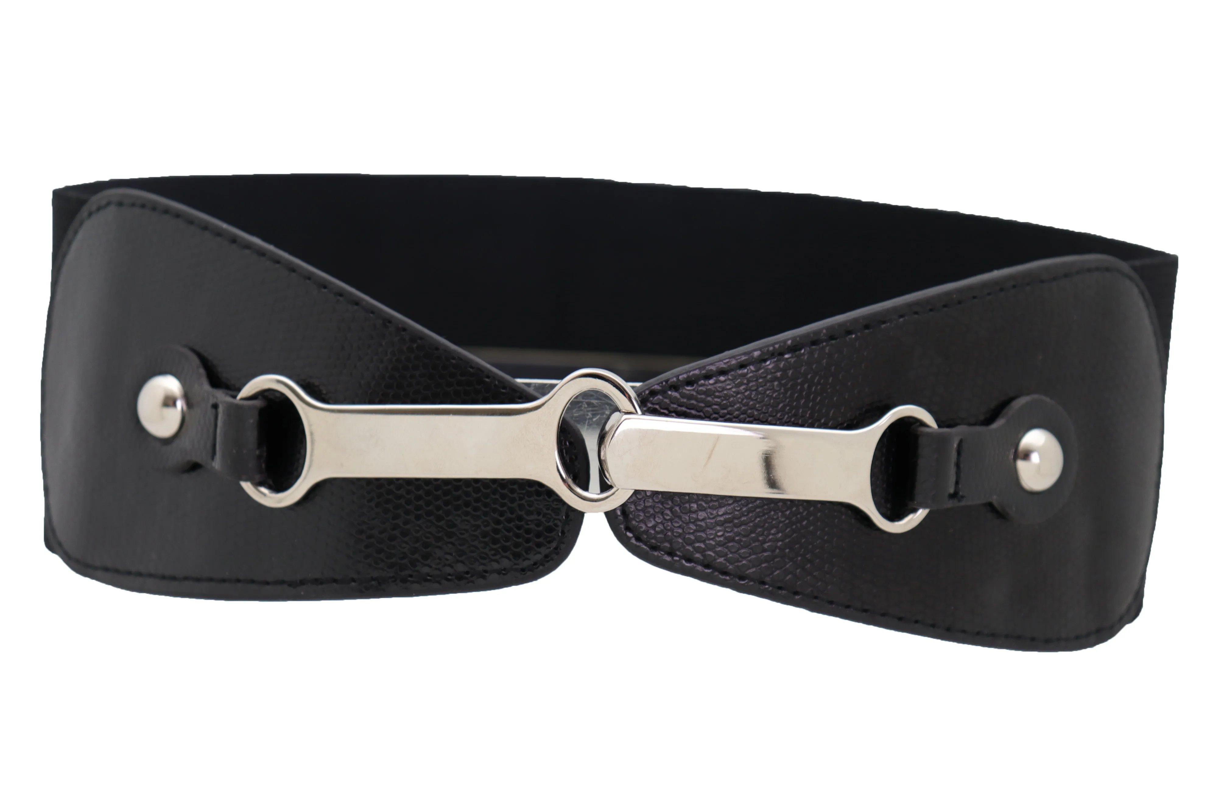 Black Faux Leather Elastic Fashion Belt Silver Metal Long Buckle Fit Size S M